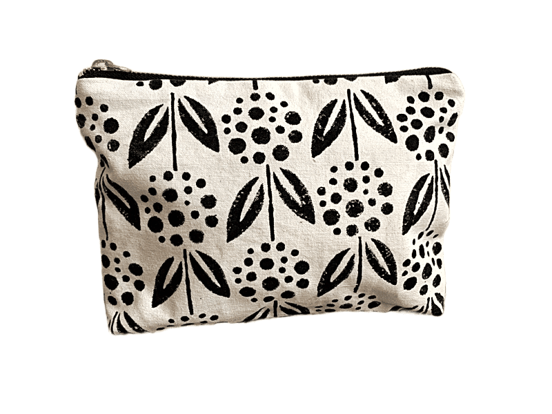 Black and white pom pom block printed cosmetic bag