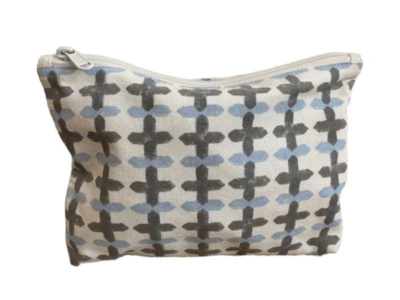 blue and grey cross block printed cosmetic bag