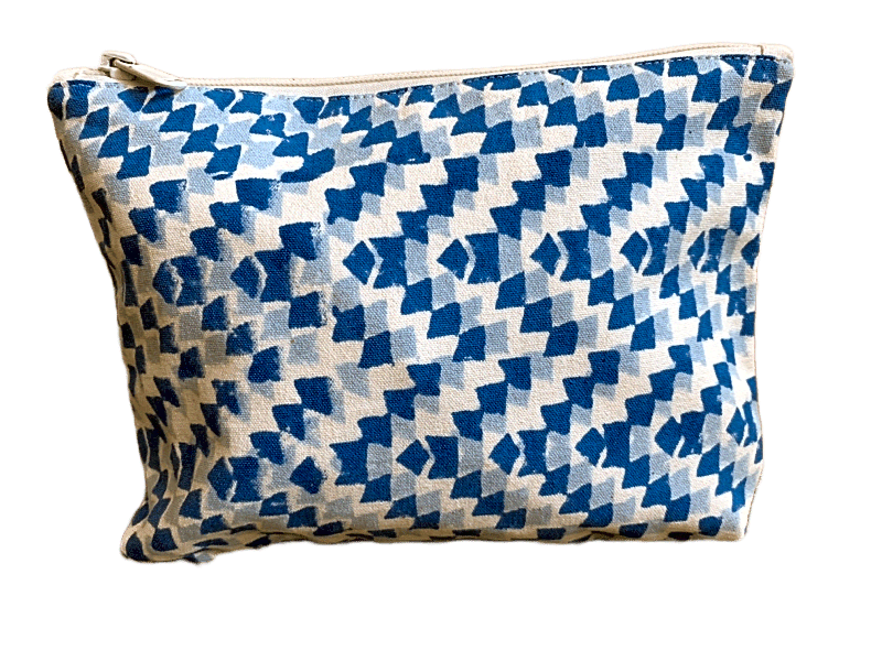 Blue zic zac  block printed cosmetic bag