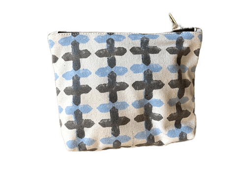 blue and grey cross block printed coin pouch